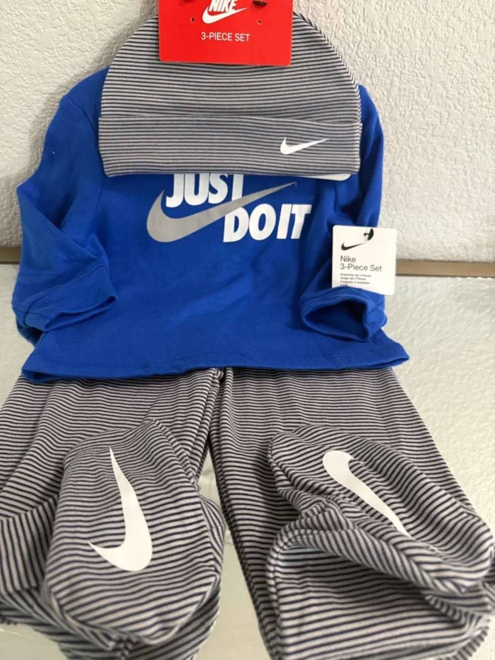 NWT| Nike Royal Blue and Gray Striped Baby 3-Piece Set - Picture 3 of 3